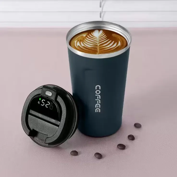 Stainless steel thermos cup with temperature display - Blue