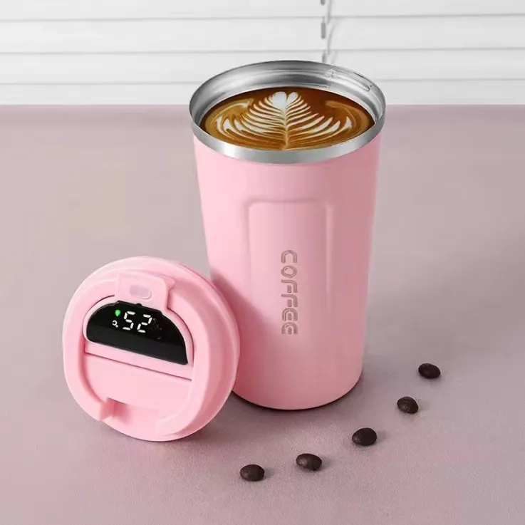 Stainless steel thermos cup with temperature display - Pink