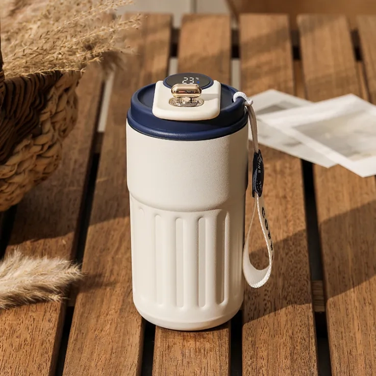 Thermos cup with temperature display, stainless steel - Blue/White Thermos cup with temperature display, stainless steel - Blue/White