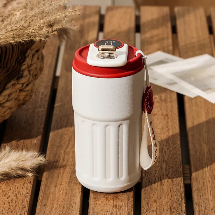 Thermos coffee cup with temperature display, stainless steel - Red/White Thermos coffee cup with temperature display, stainless steel - Red/White