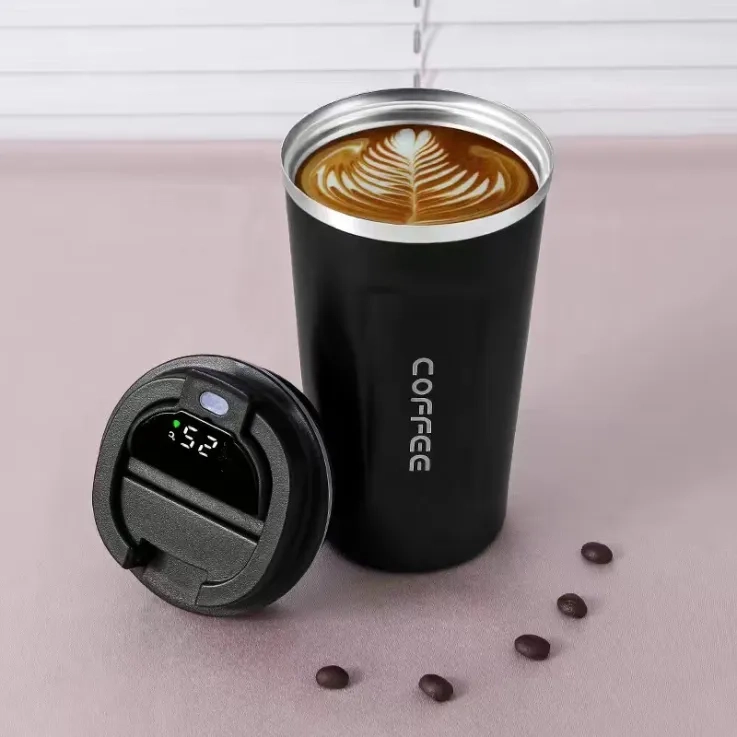 Stainless steel thermos cup with temperature display - Black