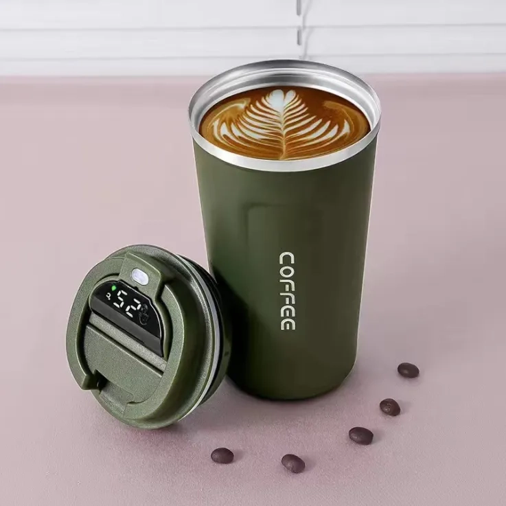 Stainless steel thermos cup with temperature display - Green
