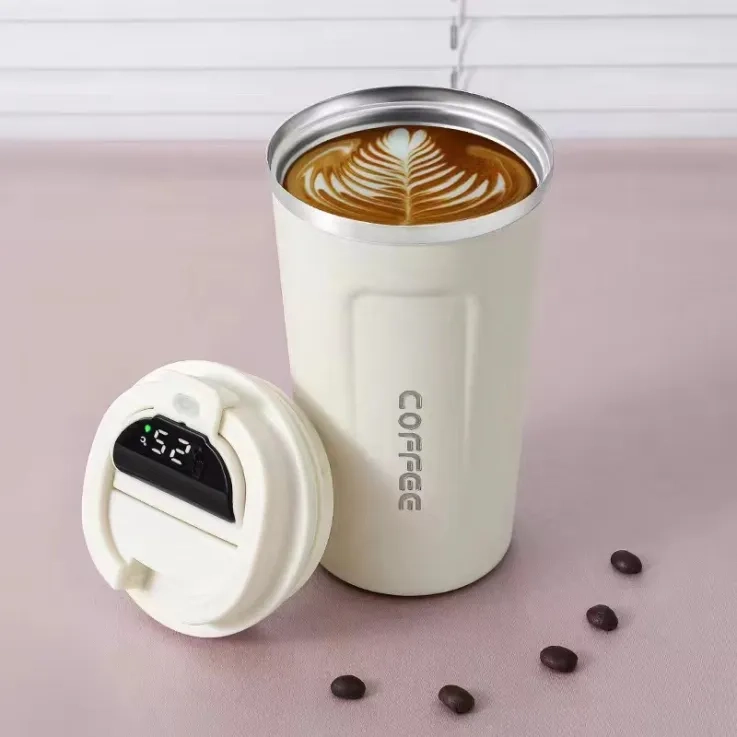 Stainless steel thermos cup with temperature display - White